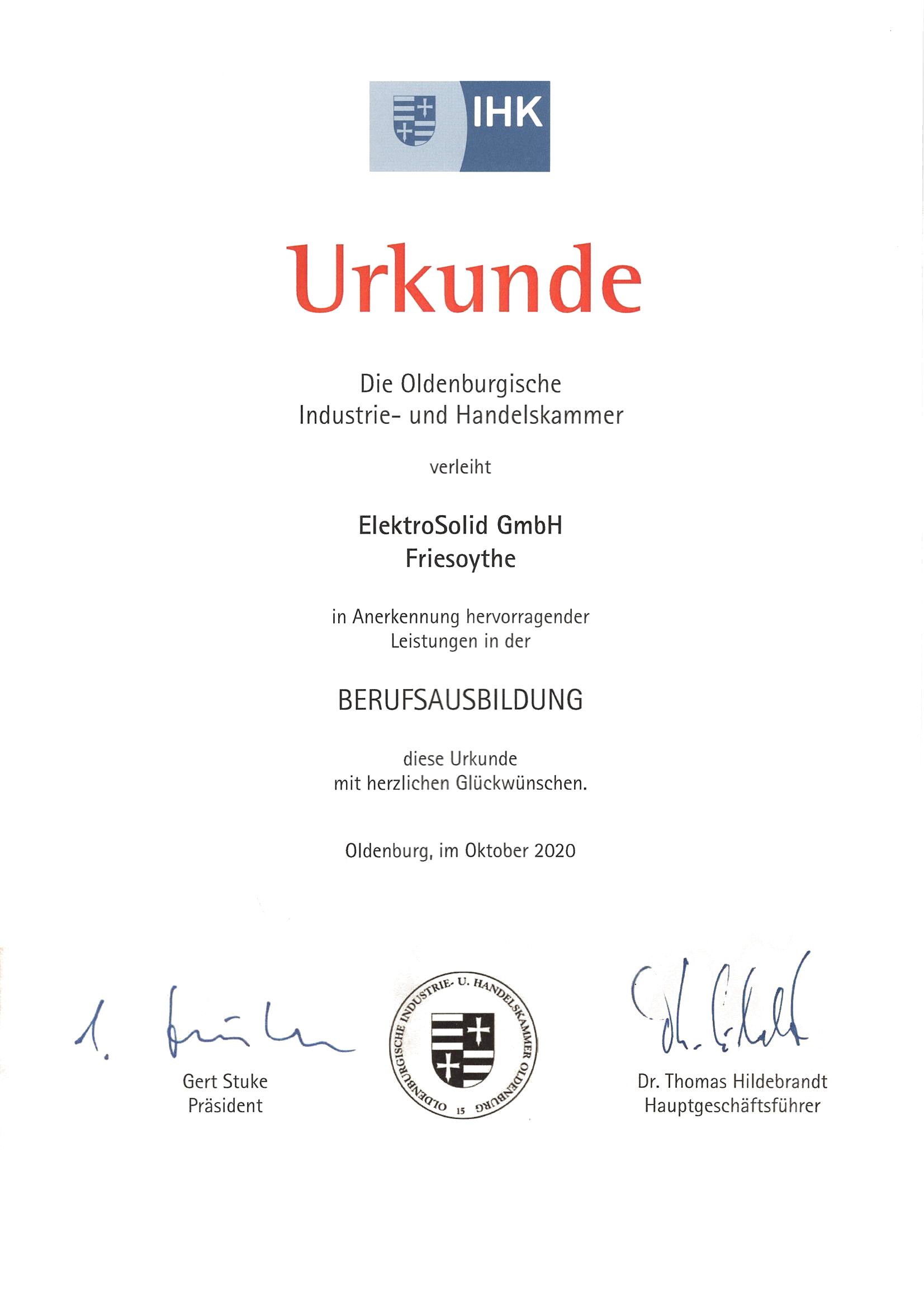 Urkunde der IHK Oldenburg